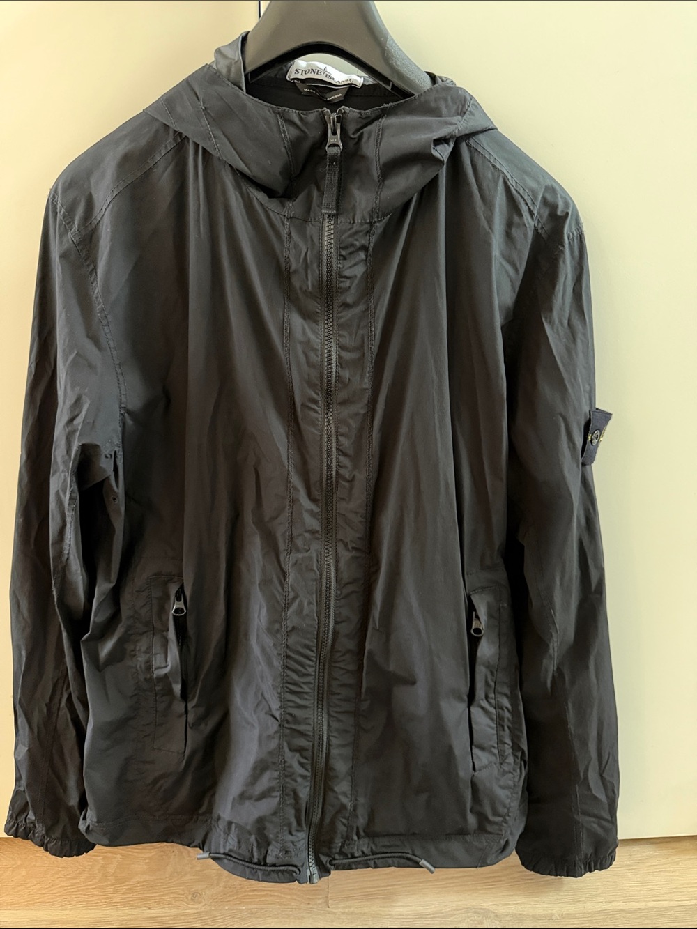 Stone Island Black Hooded Windbreaker with Sleeve Badge